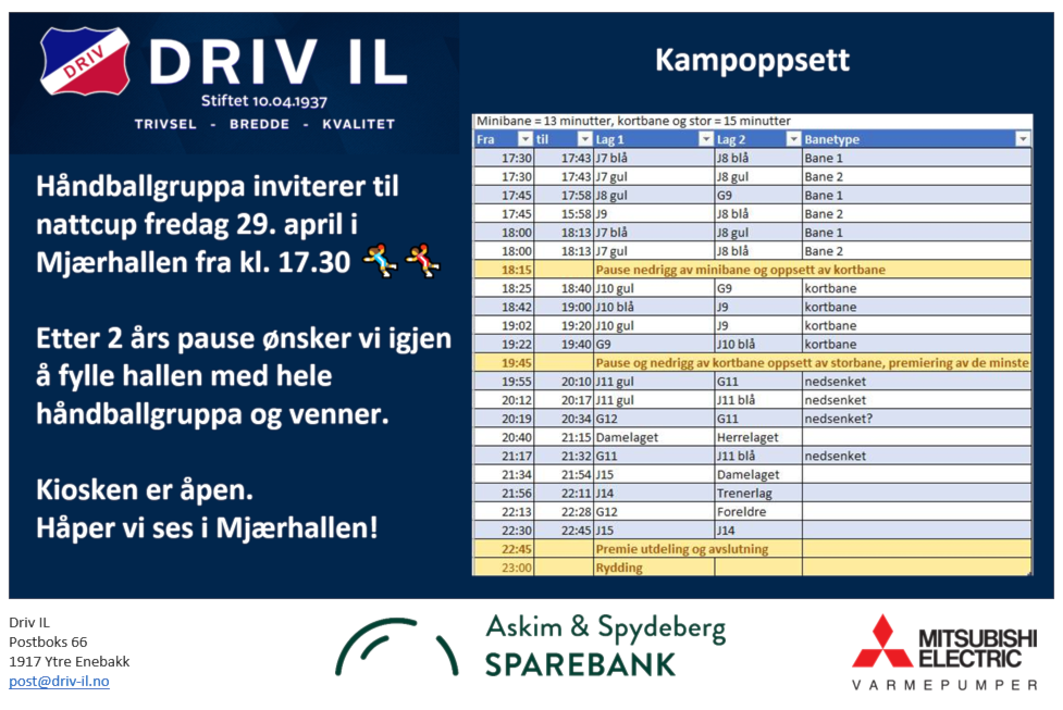Nattcup i Mjærhallen 29.04.22 kl. 17.30